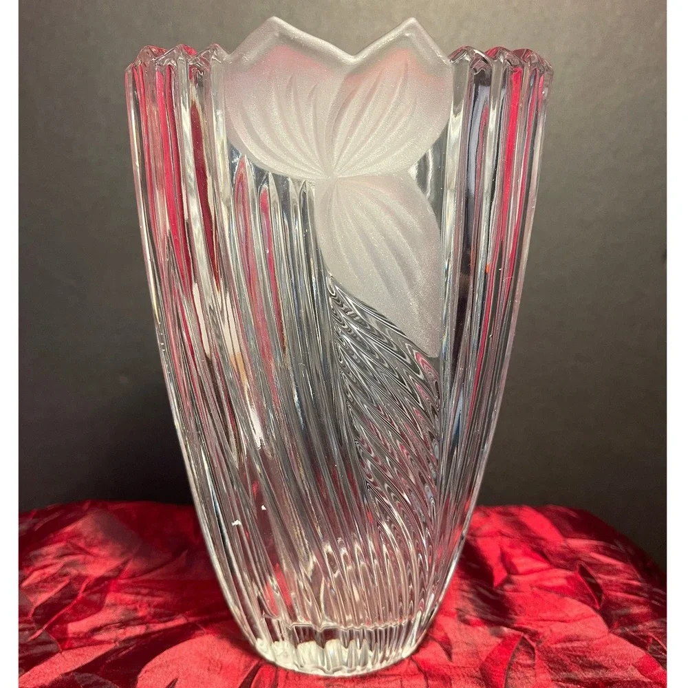 Vintage Anna Hütte Crystal Oval Vase Etched Flower Sawtooth Rim Germany 1980s